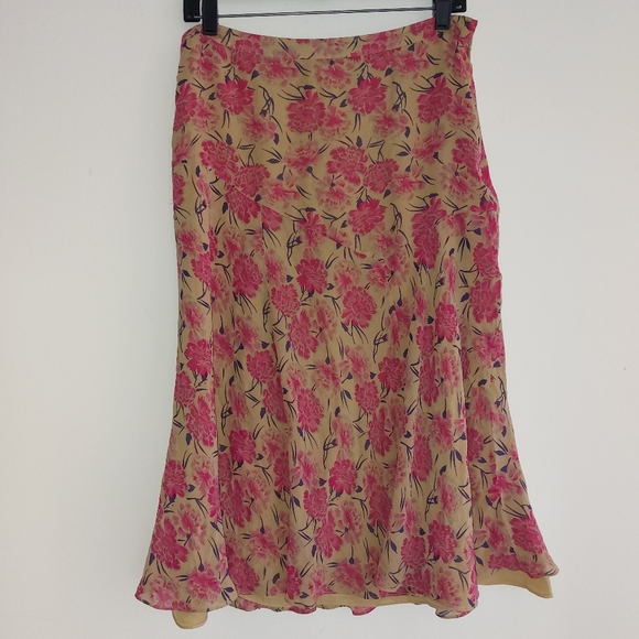 Sundance Silk Midi Skirt Floral Tan Pink Size 8 - Picture 2 of 9